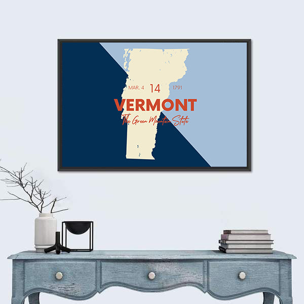 Vermont Map with Statehood Date Canvas Wall Art