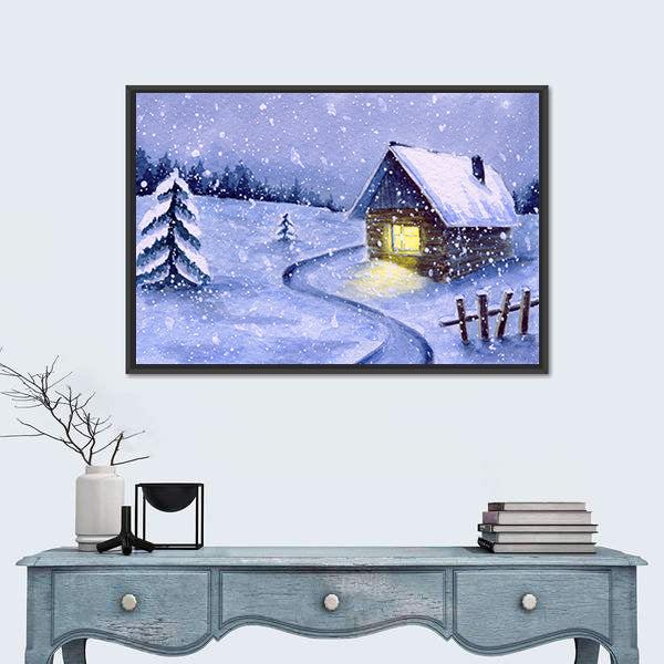Snowy Cabin with Winding Path Canvas Wall Art
