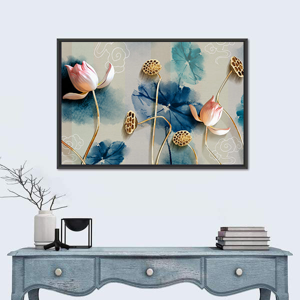 Lotus Garden Illustration with Gold Accents Canvas Wall Art