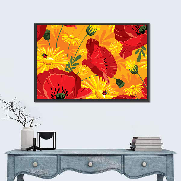 Poppies and Daisies with Ladybugs Canvas Wall Art