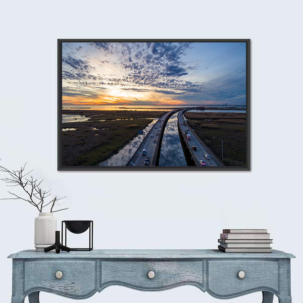 Sunset Over Highway Bridge Canvas Wall Art