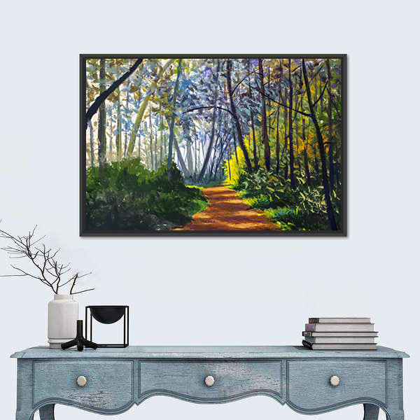 Sunlit Forest Path in Park Canvas Wall Art