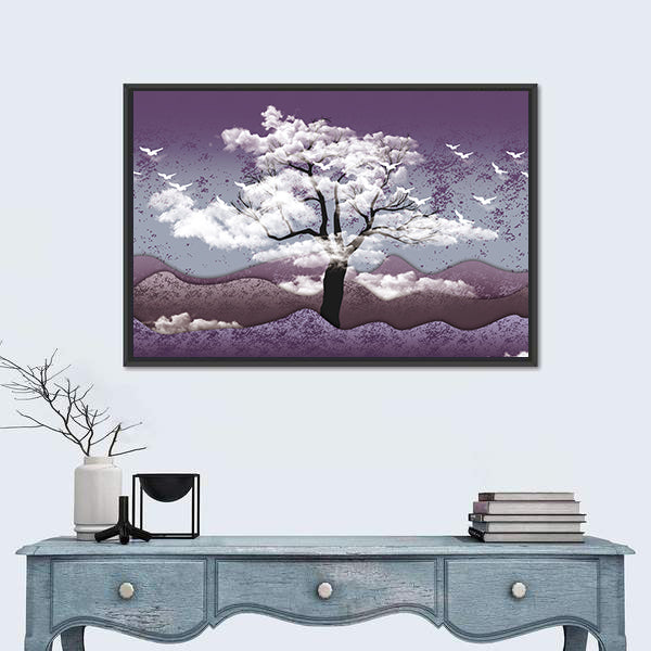 Cloud-leaf Tree Over Misty Lavender Hills Canvas Wall Art