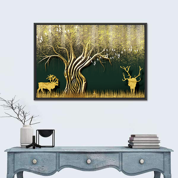 Abstract Golden Tree and Deer Silhouettes Canvas Wall Art
