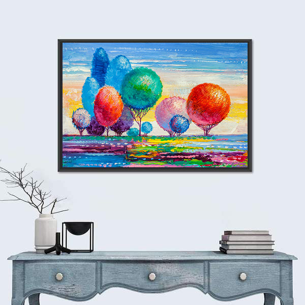 Colorful Autumn Meadow with Stylized Trees Canvas Wall Art