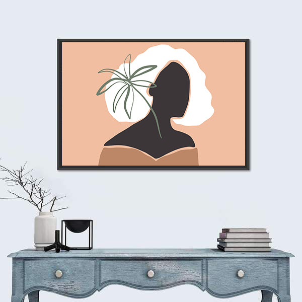 Pastel Terracotta Female Silhouette with Palm Leaf Canvas Wall Art