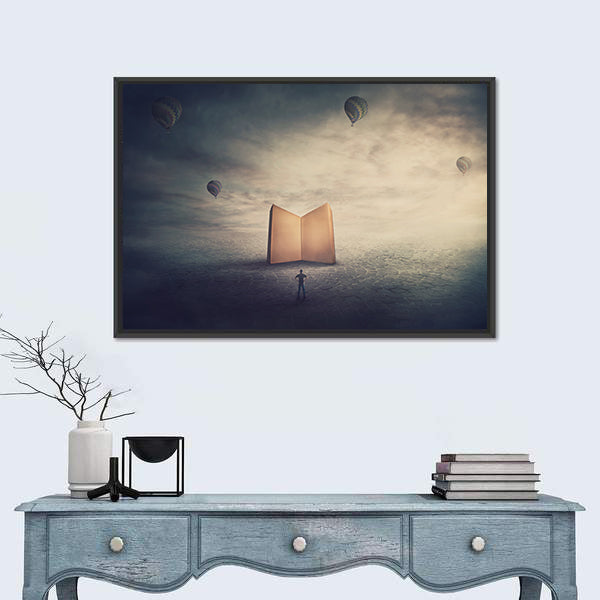 Monolithic Glowing Book Over Parched Desert Canvas Wall Art