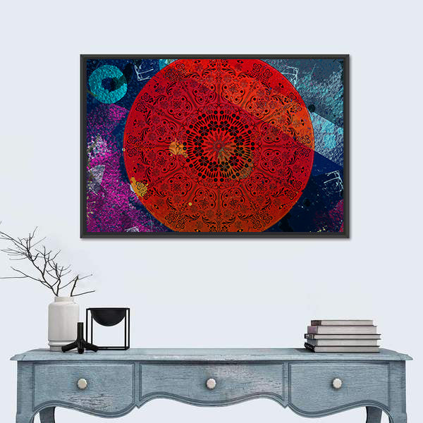 Intricate Red Mandala with Teal Accent Canvas Wall Art