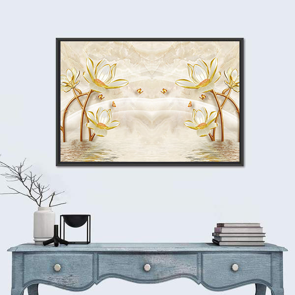 Gold-edged Lotus and Butterflies Illustration Canvas Wall Art