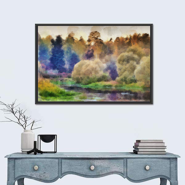 Autumn Watercolor Forest with River Canvas Wall Art