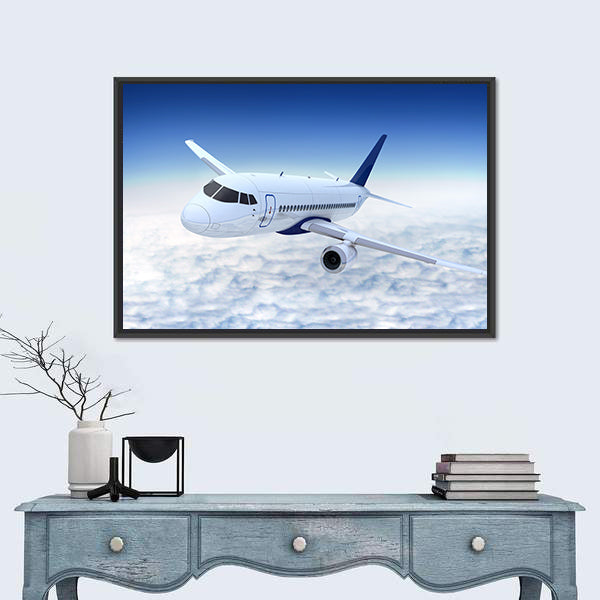 White Jet Banking Above Cumulus Clouds Canvas Wall Art