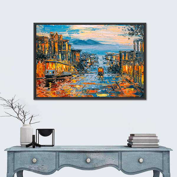 San Francisco Cable Cars on Rain-soaked Street Canvas Wall Art