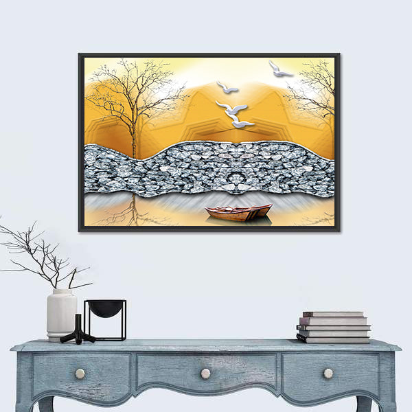 3d Lake Illustration with Boat Canvas Wall Art
