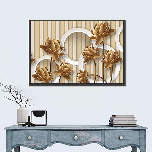 Golden Lotus with Interlocking White Rings Canvas Wall Art