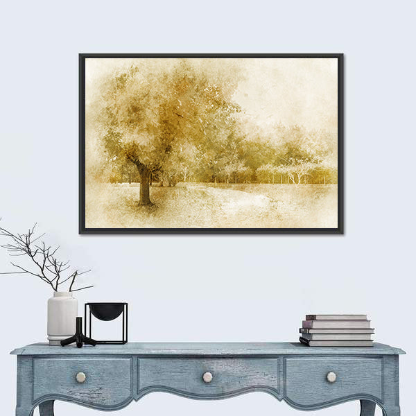 Sepia Autumn Park with Lone Tree Canvas Wall Art