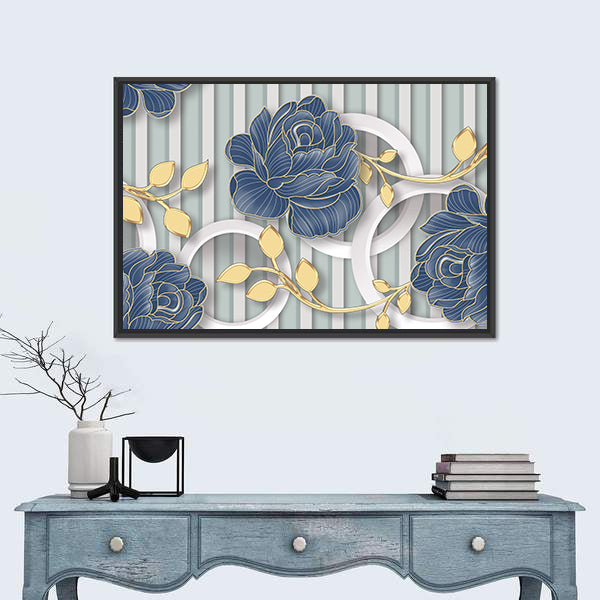 Abstract Blue Roses with Gold Leaves and Rings Canvas Wall Art