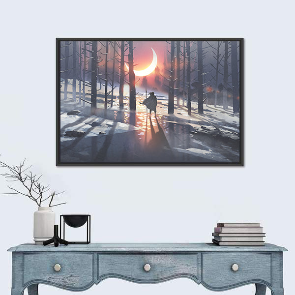 Cloaked Figure in Winter Forest Canvas Wall Art