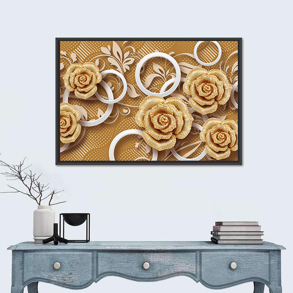 3d Golden Rose Flower Canvas Wall Art