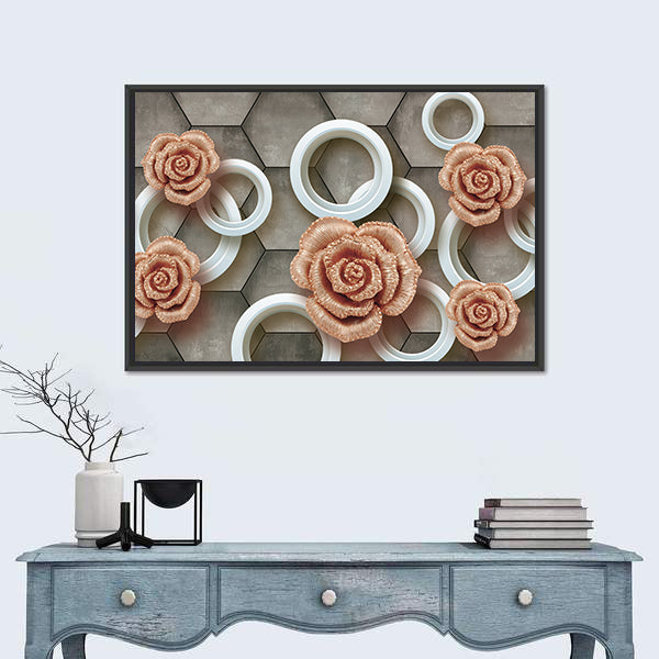 Rose-gold Roses on 3d Tiles Canvas Wall Art