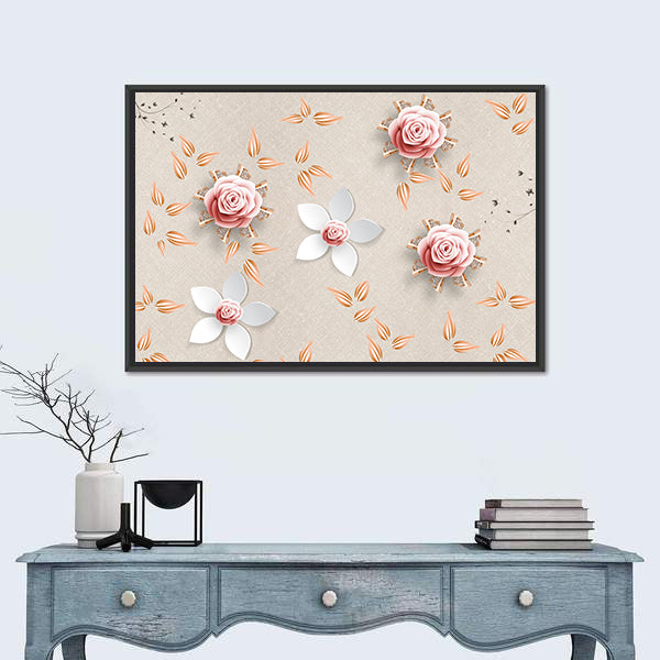 3d Stylized Pink Roses and White Flowers Canvas Wall Art