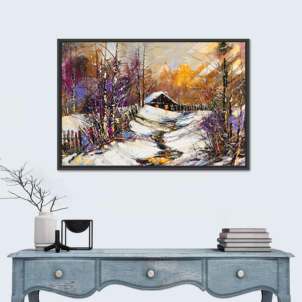 Rural Winter Landscape with Cabin Canvas Wall Art