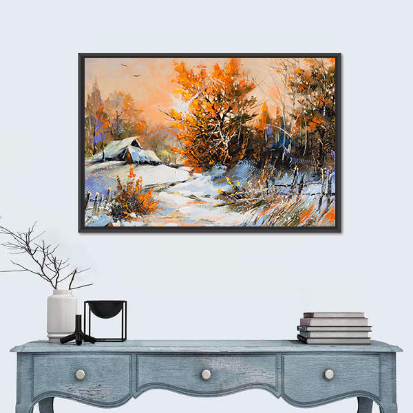Snow-covered Cabin with Orange Foliage Canvas Wall Art