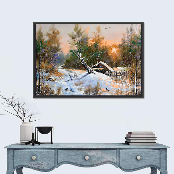 Snowy Cabin in Winter Forest Canvas Wall Art