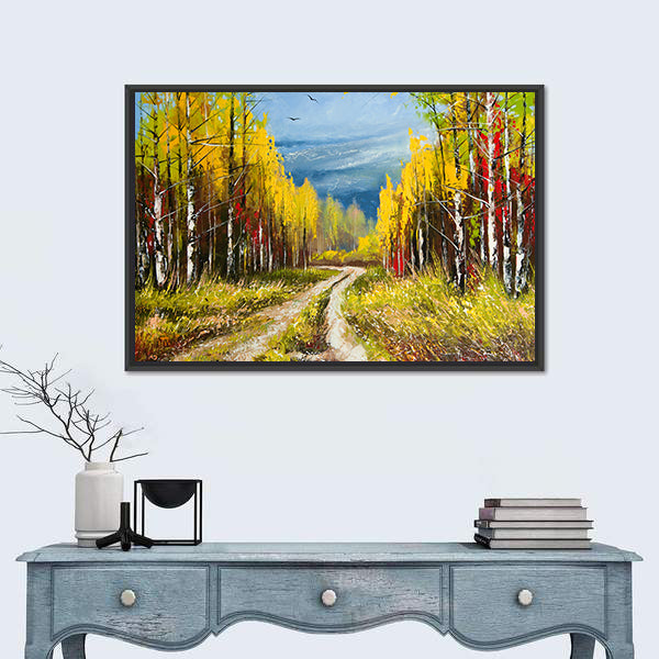 Autumn Forest Path with Birch Trees Canvas Wall Art