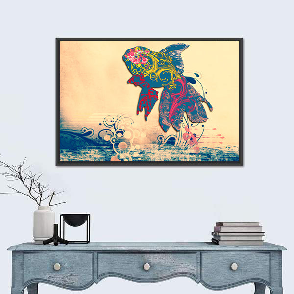 Grunge Goldfish with Ornate Floral Patterns Canvas Wall Art