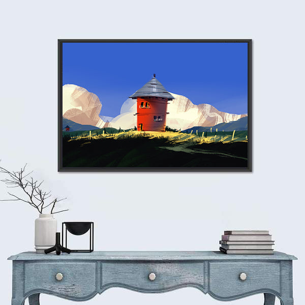 Red Tower on Grassy Hill Canvas Wall Art