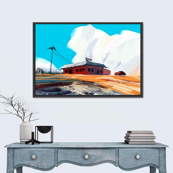 Red House and Vintage Car in Desert Canvas Wall Art