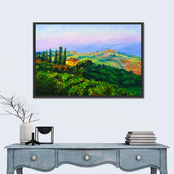 Hilltop Yellow Villa at Sunset Canvas Wall Art