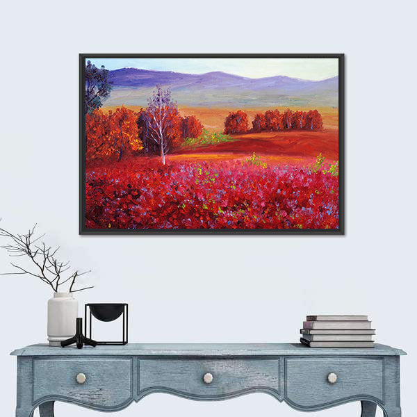 Red Flower Field with White Birch Canvas Wall Art
