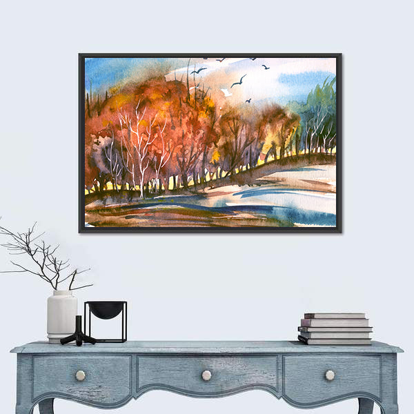 Autumn Lakeside Tree Line Canvas Wall Art