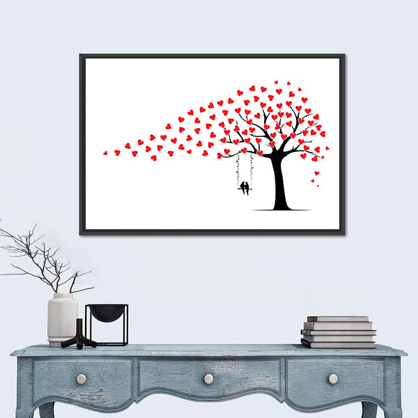 Tree with Heart Leaves and Couple on Swing Canvas Wall Art