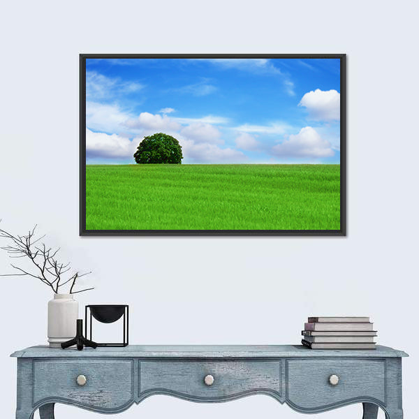 Lone Tree in Vibrant Green Field Canvas Wall Art