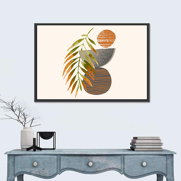 Tropical Palm Leaf with Textured Orange Circle Canvas Wall Art