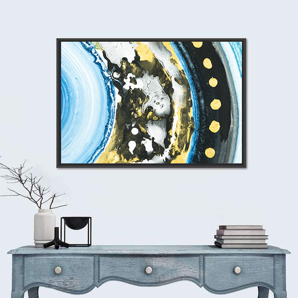 Blue and Black Abstract with Gold Dots Canvas Wall Art