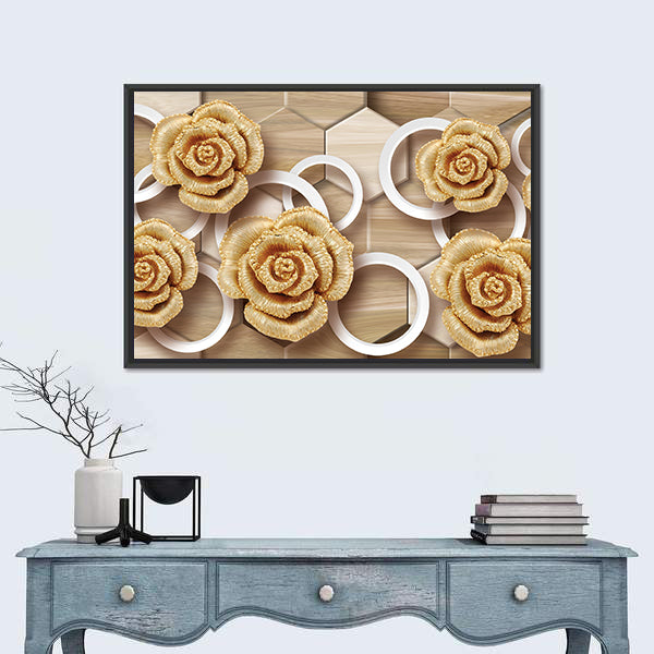 Golden Roses with Floating Rings and Hexagons Canvas Wall Art