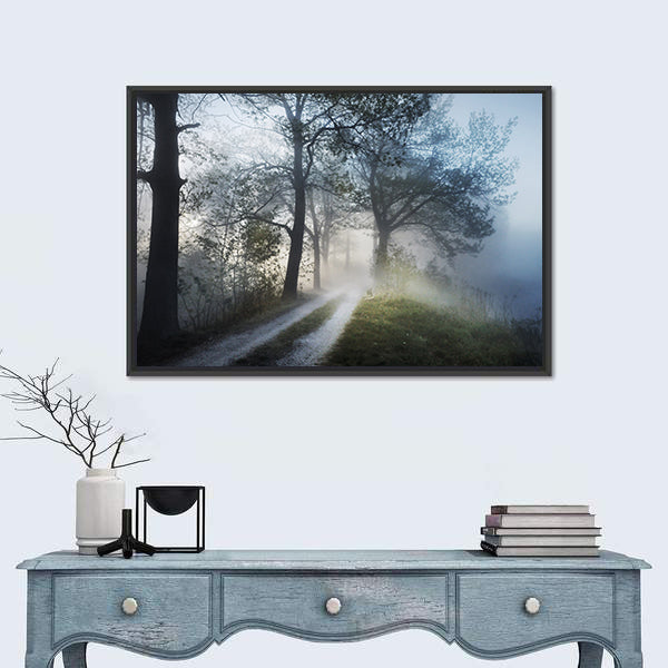 Foggy Forest Path at Sunrise Canvas Wall Art