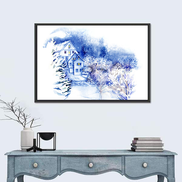 Snow-covered Houses Watercolor Landscape Canvas Wall Art