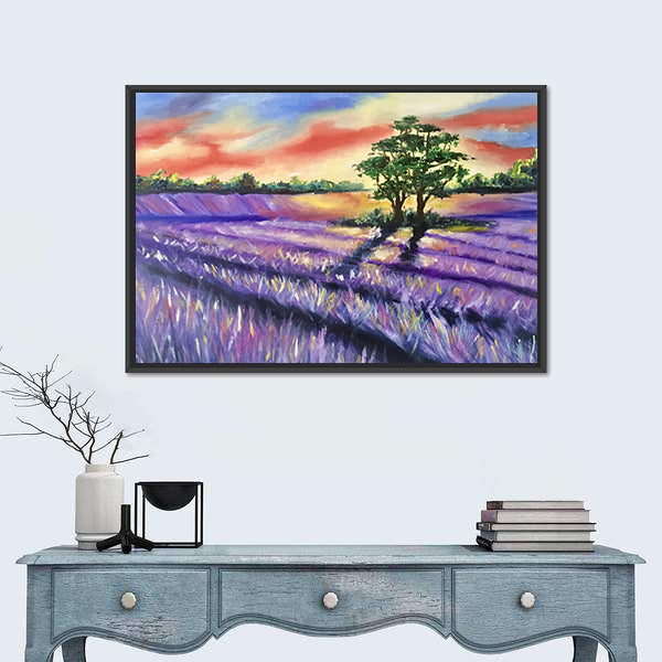 Lavender Field at Golden Sunset Canvas Wall Art