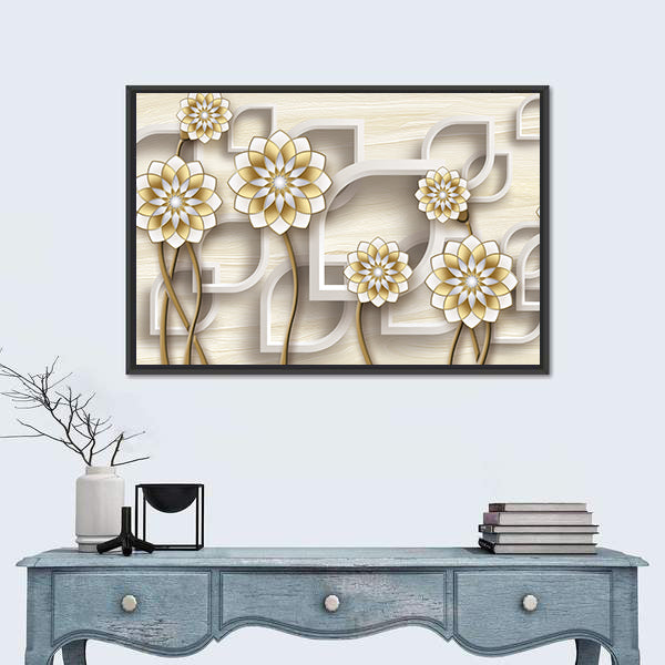 3d Gold and White Floral Illustration Canvas Wall Art