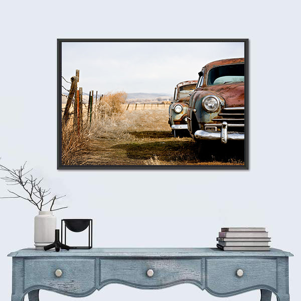 Rusty Vintage Cars in Rural Field Canvas Wall Art