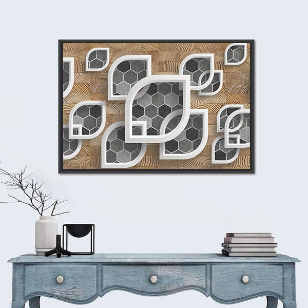 Layered Geometric Leaves with Wood Grain Canvas Wall Art