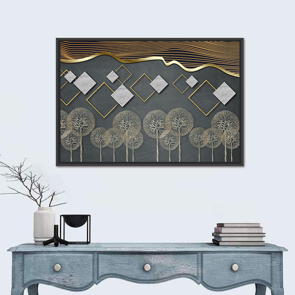 Geometric Trees with Gold Wave and Marble Diamonds Canvas Wall Art