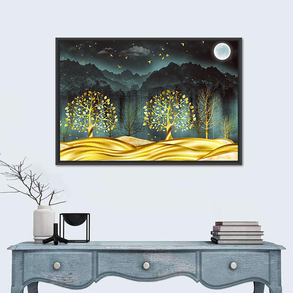 Moonlit Golden Trees Abstract Landscape Canvas Wall Art