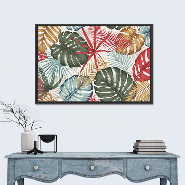 Seamless Colorful Monstera and Palm Leaves Canvas Wall Art