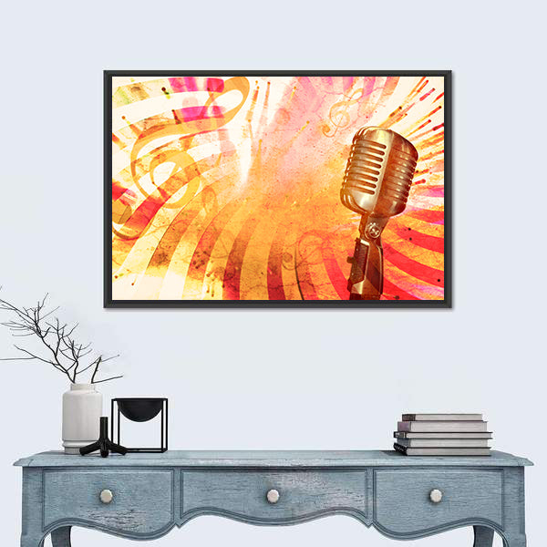 Retro Microphone with Musical Notes Canvas Wall Art