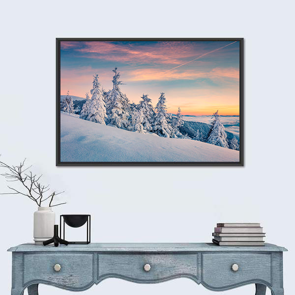 Winter Sunset In Carpathians Ukraine Canvas Wall Art